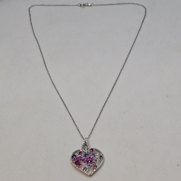 Sterling Silver 925 Multi Gemstone Amethyst & Ruby Heart Pendant Necklace 18" - Picture 2 of 7